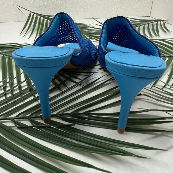 Schutz Blue Mesh Sinara Knit Heel Sandals 7B Square Toe Slip-On Summer Shoes - Picture 6 of 11